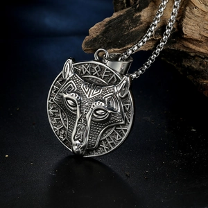 Viking wolf head pendant with runic circle on rustic wood background with box chain