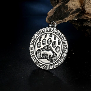 Vintage Viking bear paw grizzly pendant necklace with Nordic runes in stainless steel