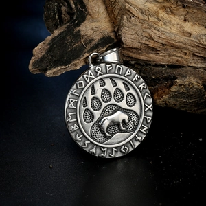 Retro grizzly bear claw pendant necklace with Nordic runes on aged stainless steel