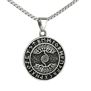 Vintage Viking Tree Of Life Runes Pendant Stainless Steel Round Celtic Compass Amulet Necklace For Men Jewelry Gift