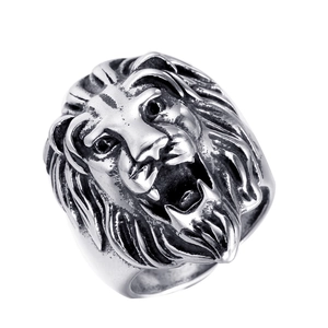 Anillo de cabeza de león de acero inoxidable retro con acabado vintage y grabado fino