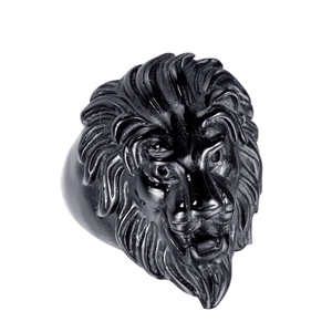 Anillo de cabeza de león para hombre en acero inoxidable galvanizado negro sobre blanco