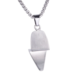Macro shot of silver high heel pendant necklace in brushed stainless steel industrial style