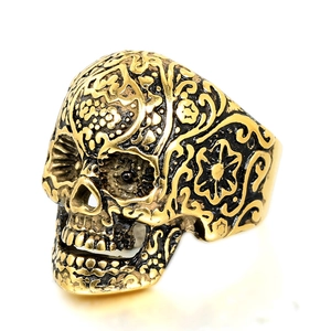 Vintage Stainless Steel Skull Ring Men Punk Gothic Floral Engraved Skeleton Band Ring Biker Jewelry Party Gift Gold Black Blue