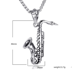 Detail of 316L stainless steel saxophone pendant showing material hallmark and size specs