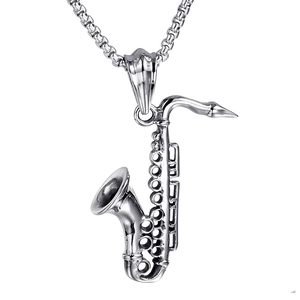 Detailed close-up of 316L stainless steel saxophone pendant with round box chain