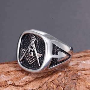 Vintage stainless steel Freemasonry ring with square compass and G symbol for men
