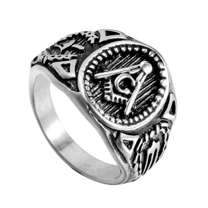 Men Masonic Ring Vintage Stainless Steel Freemasonry Square Compass G Signet Ring Gold Silver Black Retro Band Jewelry