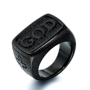 Vintage black stainless steel ring for men with GOD engraving and side cross detail