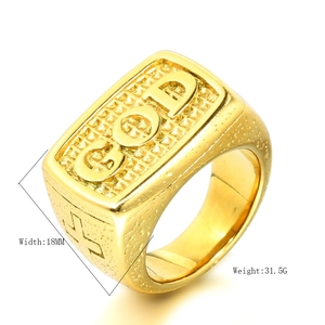 Mens vintage golden stainless steel GOD signet ring with 18mm wide embossed face