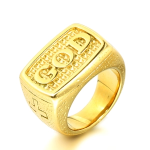 Vintage Stainless Steel GOD Signet Ring For Men Retro Religious Cross Square Face Punk Hip Hop Band Jewelry