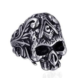 Vintage Stainless Steel Skull Ring Men Punk Gothic Masonic Freemason Symbol Rock Jewelry Two-Tone Gold Silver Band