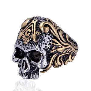 Gothic punk skull ring in silver and gold tone stainless steel with Freemasonry symbol
