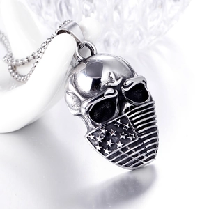 Vintage stainless steel skull necklace with flag face mask design on a bead chain