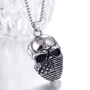 Polished stainless steel skull mask pendant with US flag pattern on a sturdy box chain