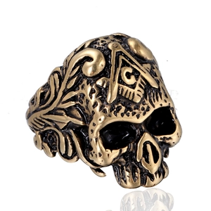 Vintage punk skull Masonic ring in bronze steel with G symbol and floral relief