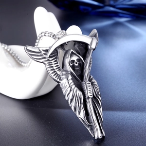 Gothic stainless steel grim reaper pendant necklace with skull and scythe design