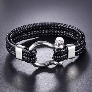 Men's Braided Leather Bracelet Stainless Steel Shackle Buckle Multi-layer Cowhide Nautical Punk Jewelry Bangle