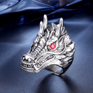 Vintage Silberner Drachenring für Herren mit roten Zirkon-Augen und geprägten Schuppen
