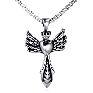 Collana con Ciondolo Ala d'Angelo Cuore Corona Gotico Retrò Acciaio Inossidabile Gioielli Punk Croce Spada Uomo Donna Senza Catena