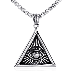 Hip hop style Eye of Providence triangle pendant necklace in antique silver finish