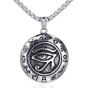 Detail view of Horus eye pendant with ancient runes and vintage matte box chain