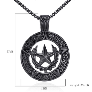 Detail of black stainless steel hexagram pendant with measurements and wheat leaf relief