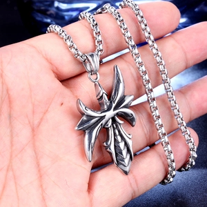 Mechanical dragon wing cross pendant in stainless steel with silver square pearl chain