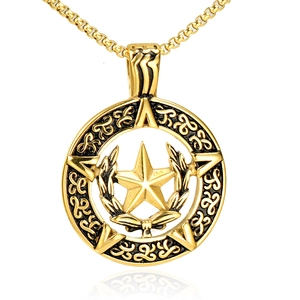 Hip hop vintage gold stainless steel necklace with hollow round star pendant for men