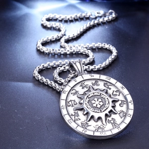Hip hop vintage compass necklace with zodiac symbols on a large silver pendant