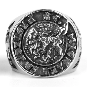 Anello San Michele Proteggici Arcangelo in Acciaio Inossidabile Croce Cristiana Religiosa Punk Biker Gioielli per Uomo