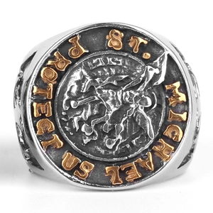 Anello sigillo San Michele in acciaio inossidabile bicolore argento e oro vintage