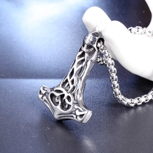 Vintage Thor's Hammer Mjolnir pendant necklace with Celtic patterns in antique silver finish