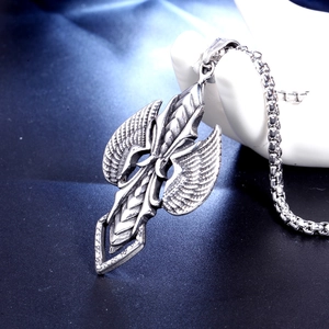 Men's vintage stainless steel cross wing pendant necklace with detailed feather textures