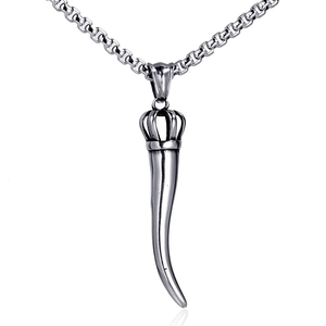 Close-up of a silver stainless steel crown cornicello chili pendant on box chain