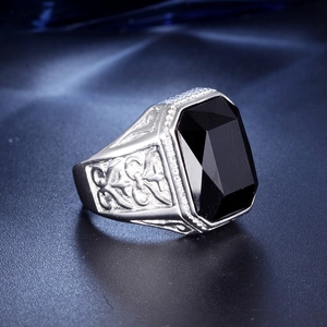 Retro titanium steel ring for men with large rectangular black gemstone and floral relief