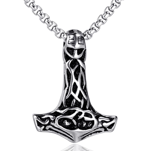 Viking Thor Hammer Mjolnir Pendant Necklace For Men Stainless Steel Celtic Knot Retro Jewelry Steel Black Pendant Only