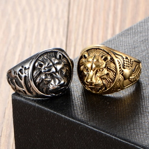 Vintage punk lion head rings in antique silver and gold finish for men's fashion jewelry