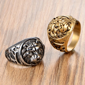 Men's gothic lion head stainless steel rings in vintage gold and silver finishes