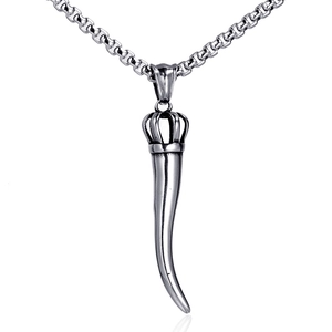 Silver punk horn pendant necklace with crown detail and box chain on white background