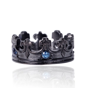 Gothic crown ring with black titanium steel finish and dark blue round gemstones