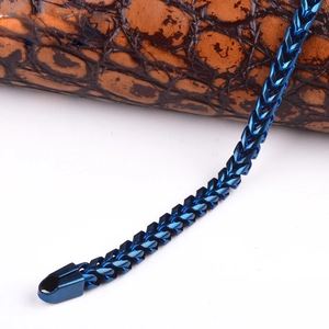 Polished blue titanium steel wheat chain necklace for men with modern industrial look