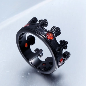Gothic crown ring in matte black titanium steel with red ruby zircon stones