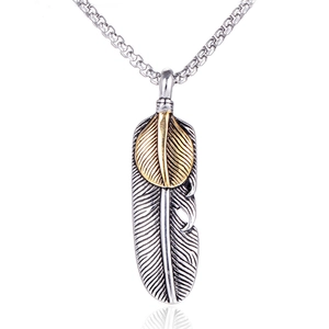 Silver feather necklace with gold leaf pendant detail on stainless steel box chain