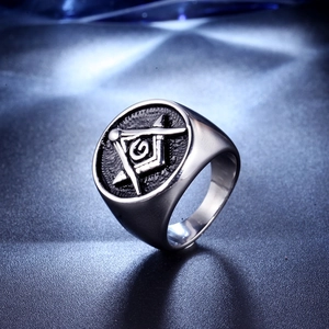 Silver stainless steel Freemason signet ring with compass and square G symbol for men