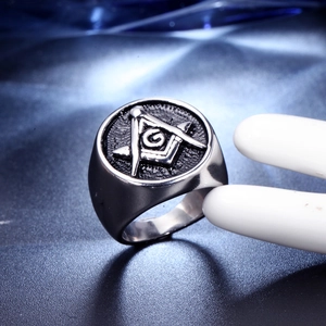Vintage stainless steel Freemasonry signet ring with compass and square G symbol