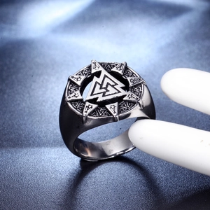 Men's Nordic Viking Valknut ring in stainless steel with a vintage embossed finish