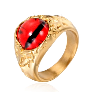 Herren Punk-Ring aus Titanstahl in Gold-Optik mit markantem rotem Teufelsauge-Stein