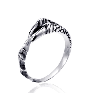 Retro stainless steel dragon claw ring with textured scales and vintage silver finish