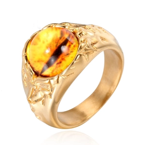 Gotischer Drachenauge-Ring in Goldoptik mit gelbem Ovalstein und Schuppentextur